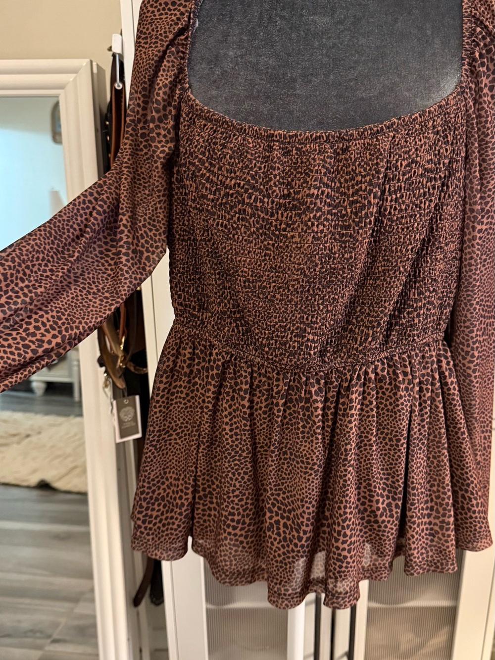 Thompson Brown Printed Smocked Peplum Dress